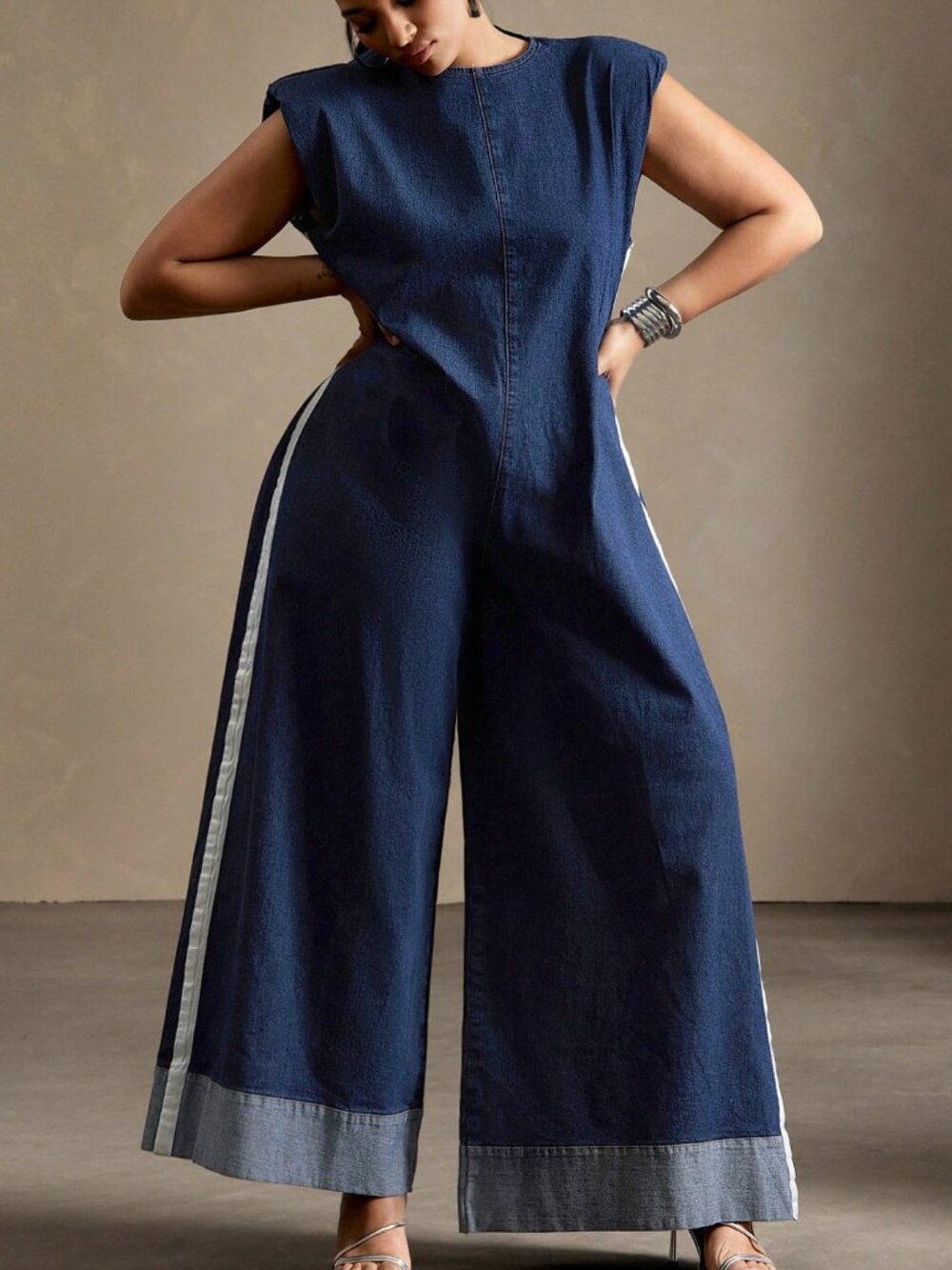 Dark Wash Casual Women's Plus Size Denim Jumpsuit